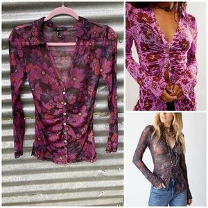 Y2K Glittery Floral Print Retro Button Down Long Sleeve Blouse